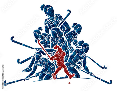 Field Hockey Sport Team Female Players Action Together Cartoon Graphic Vector