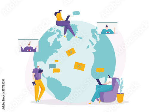 People character together use global internet, online technology tiny woman and man sitting planet flat vector illustration, isolated on white.