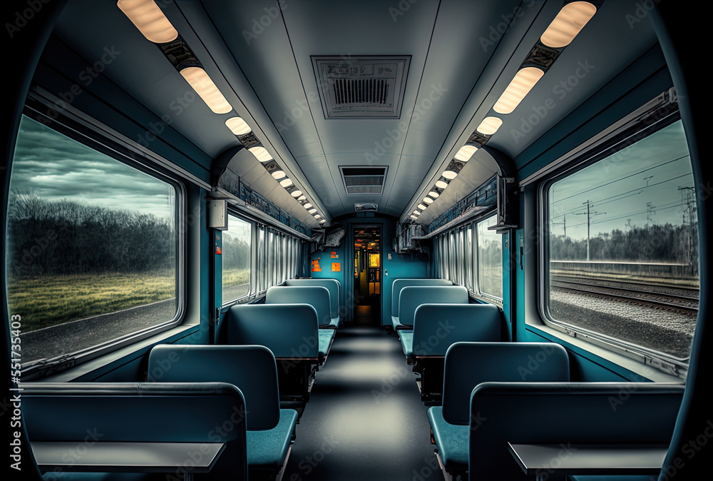 View inside a contemporary train. Generative AI View inside a contemporary train. Generative AI