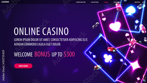 Online casino, banner for website with offer, neon casino playing cards and poker chips on blue background