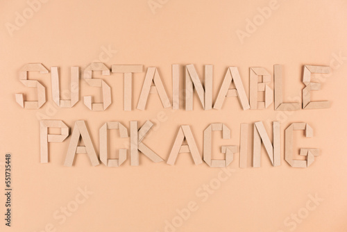 Sustainable paper packaging concept. Text Sustainable Packaging over light brown background. Flat lay style