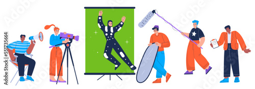 Film crew recording movie. Cinema production team with woman with camera, director with megaphone in chair, actor near green screen, men with microphone and reflector, vector flat illustration