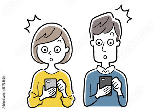 ベクターイラスト素材：スマホを使う若い男女、驚く
