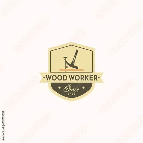 wood hammer nail vintage logo vector minimalist illustration design, woodworker logo design