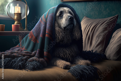 A cozy tassel blanket is placed over a dog who is ill or afraid.. Generative AI photo