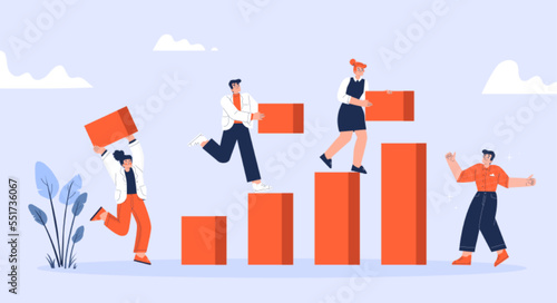 Business team work together, build growth graph. Concept of teamwork, development, leadership, cooperation with people employee carry blocks to chart, vector flat illustration