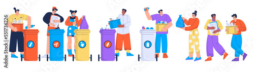 Waste segregation, separation concept with people sorting trash for plastic, paper, food, metal and glass. Diverse characters carry rubbish and throw in containers, vector flat illustration