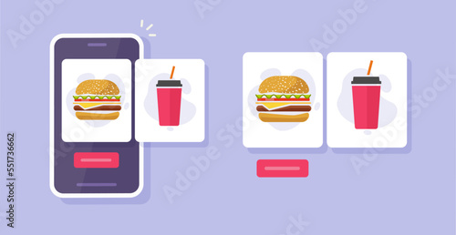 Order fast food delivery online app mobile phone screens vector or buy meal restaurant digital service menu with burger and beverage on cellphone smartphone flat cartoon, eats shop cartoon interface