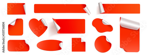 Red peel off stickers, foil patches mockup. Blank labels of heart, round, square, oval, stripe and rectangular shapes. Emblems with curve edges isolated on white background, Realistic 3d vector set