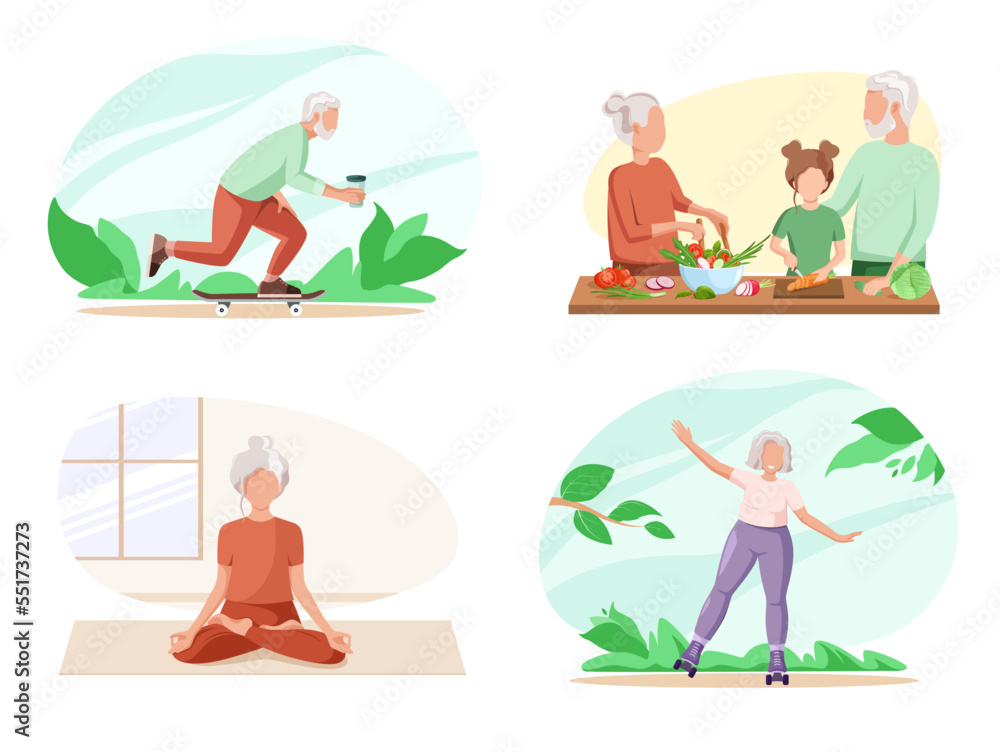 A set of illustrations. Active old age. Roller skates, skate and yoga. Grandma and Grandpa are cooking.
A set of illustrations. Active old age. Roller skates, skate and yoga. Grandma and Grandpa are cooking.