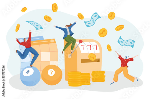 Cheerful happy tiny people character together celebrate victory lottery, successful gambling play flat vector illustration, isolated on white.
