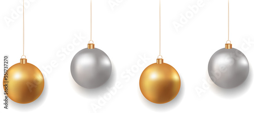 Christmas golden and silver balls on transparent background. Golden realistic Christmas toys. Luxurious hanging trinkets with ribbon. Festive glitter design elements. PNG image