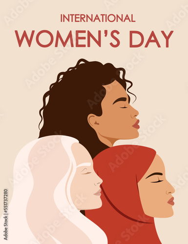 Greeting card with beautiful women of different nationalities. International Women's Day. 