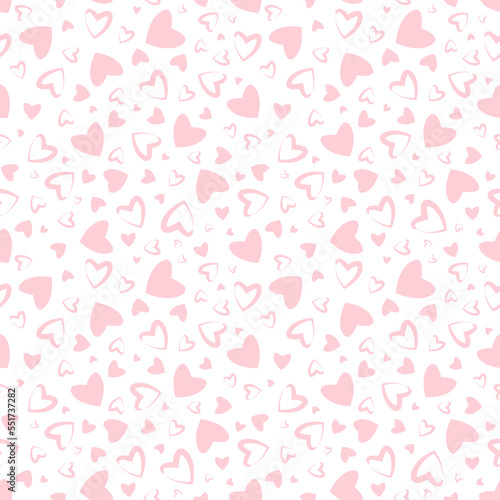 Delicate seamless pattern with pink hearts on a white background. 