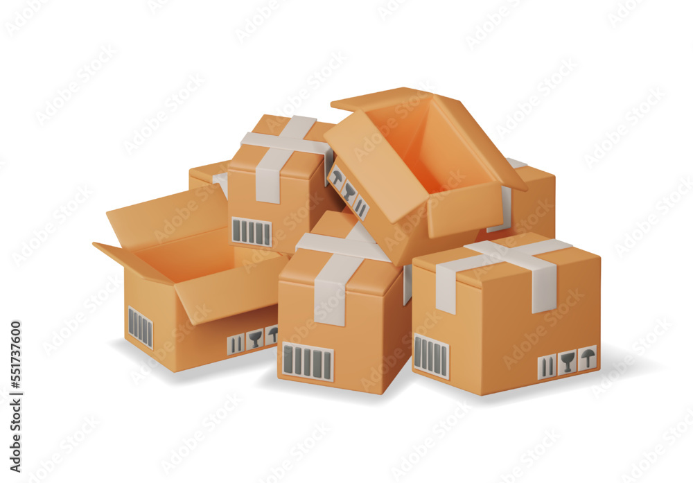 3D Stack of Cardboard Boxes Isolated. Render Heap Post Parcel in Craft Paper. Postal Signs of Fragile. Carton Cargo Delivery Packaging Box. Transportation and Logistics. Vector Illustration 3D Stack of Cardboard Boxes Isolated. Render Heap Post Parcel in Craft Paper. Postal Signs of Fragile. Carton Cargo Delivery Packaging Box. Transportation and Logistics. Vector Illustration