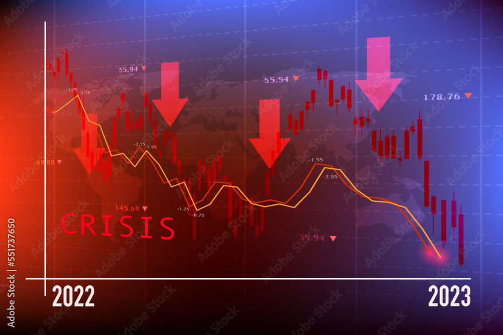 economic recession in 2023  Graphs and slumping stock markets show the global economic crisis in 2023.  The effects of inflation, war, epidemics. EPS10 vector. - obrazy, fototapety, plakaty 