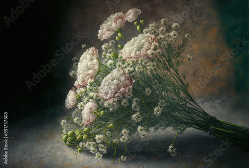 On the corner of the marble textured background, a bouquet of baby's breath and carnations was displayed.. Generative AI