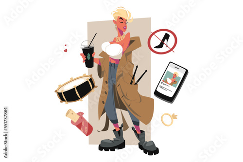 Cool woman drummer drinking coffee