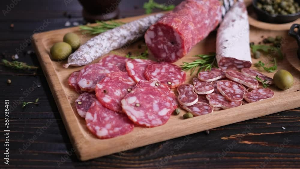 Sliced Traditional fuet salami sausage on wooden cutting board at domestic kitchen Sliced Traditional fuet salami sausage on wooden cutting board at domestic kitchen