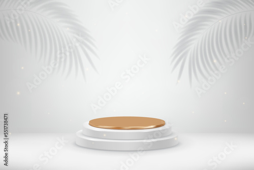 3d product display podium platform. 3d realistic white and gold cylinder pedestal podium. The stage for the showcase. Minimal wall scene for mockup product display. 3d podium vector illustration.