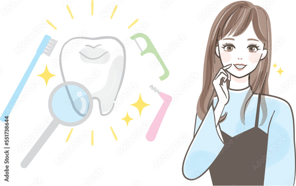 きれいな歯の女性と歯科予防のイメージイラスト素材