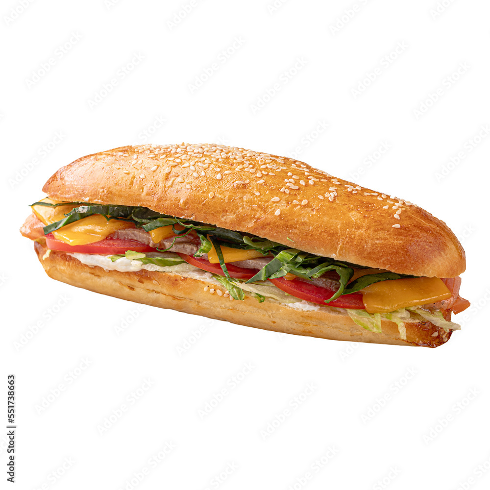 Portion of beef sandwich with vegetables and greens Portion of beef sandwich with vegetables and greens