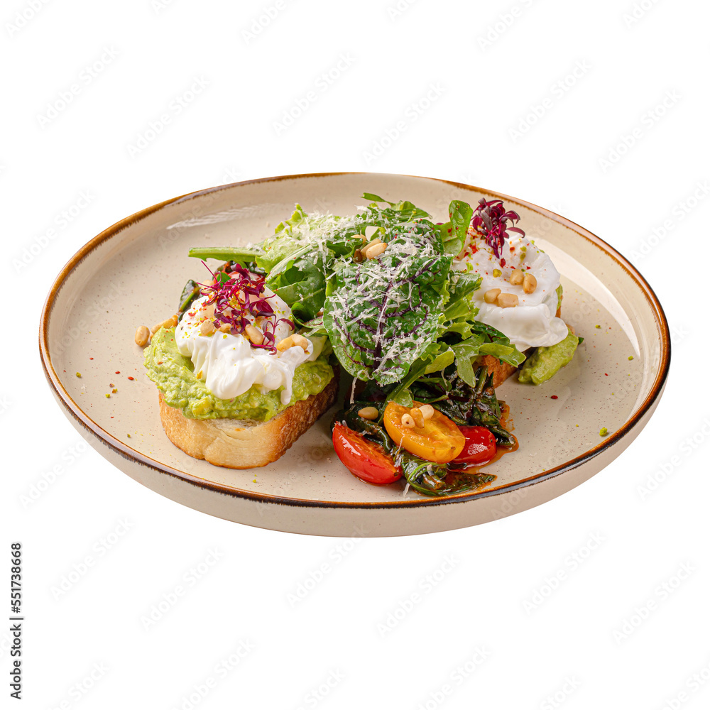 Portion of gourmet avocado toast with poached egg Portion of gourmet avocado toast with poached egg