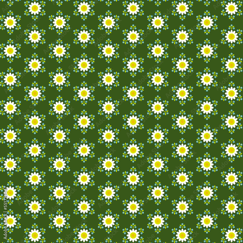 Summer botanical pattern with white daisies and blue forget-me-nots isolated on dark green background