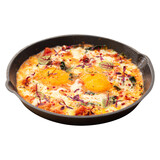 Pan of cooked shakshuka middle eastern dish