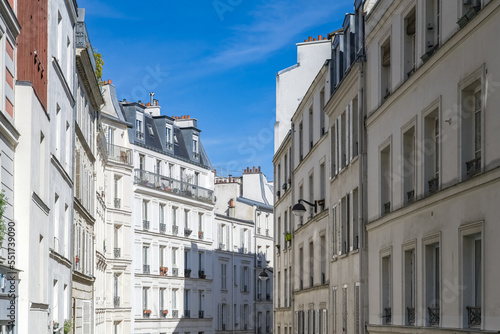 Paris, houses and street, typical buildings in Montmartre 