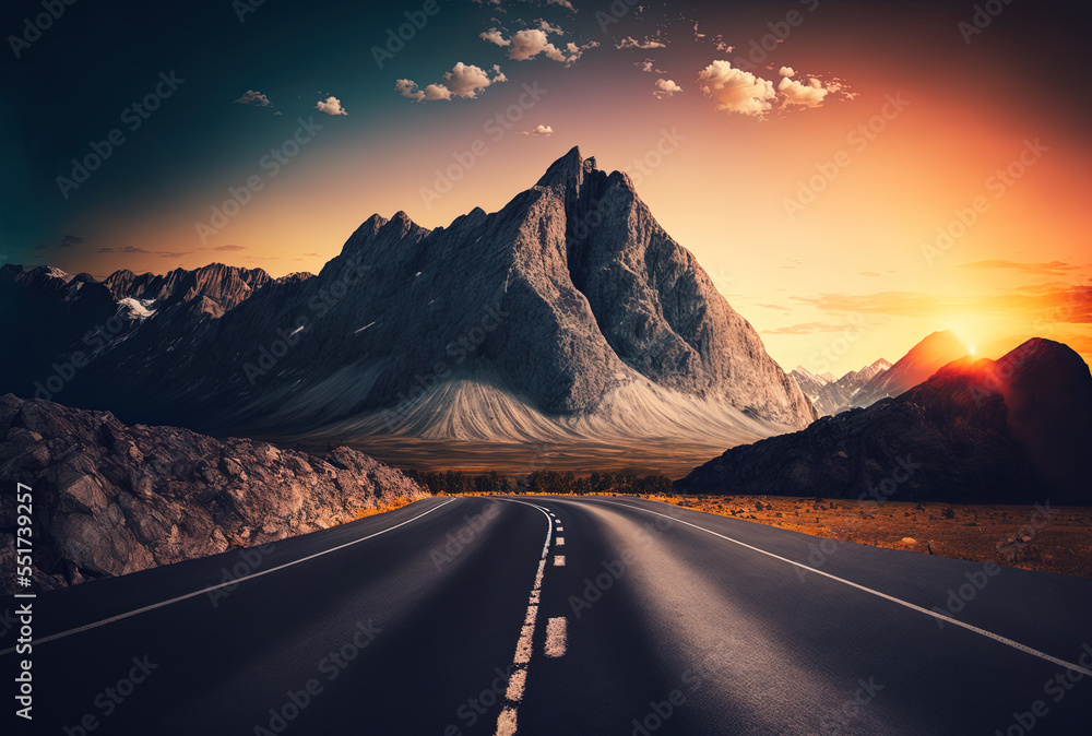 Asphalt road backdrop with stunning mountain road with flawless asphalt high rocks and a stunning sky at sunset in the summer.. Generative AI