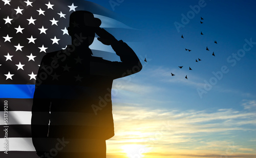 Thin Blue Line. American flag with police blue line on a background of sunset. Support of police and law enforcemen