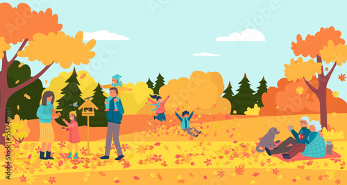 Cheerful people together healthy walk in autumn city park, resting lifestyle stroll orange tree garden flat vector illustration, funny time spend.