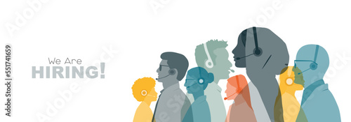 We are Hiring ! banner. People with headphones. Call center concept.