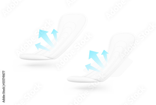 Realistic women pads mockup with air arrows. Half side view. Vector illustration isolated on white background. Сan be used for healthcare, medical and other needs. EPS10.
