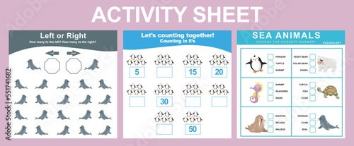 Educational printable worksheet. Activity sheet for children with sea animal theme. Counting, left or right and vocabulary worksheet. Vector illustrations.