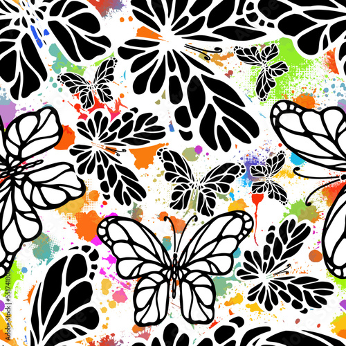 Seamless pattern of blots and butterflies. Vector illustration