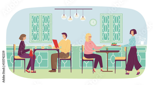 People character together dinner in restaurant, lovely couple romantic date, female lunchtime flat vector illustration, isolated on white.