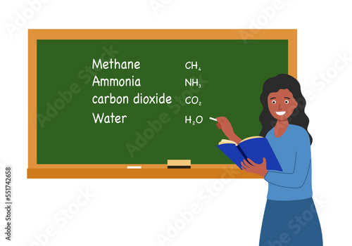 Black female teacher teaching chemistry subject in classroom concept vector illustration on white background.