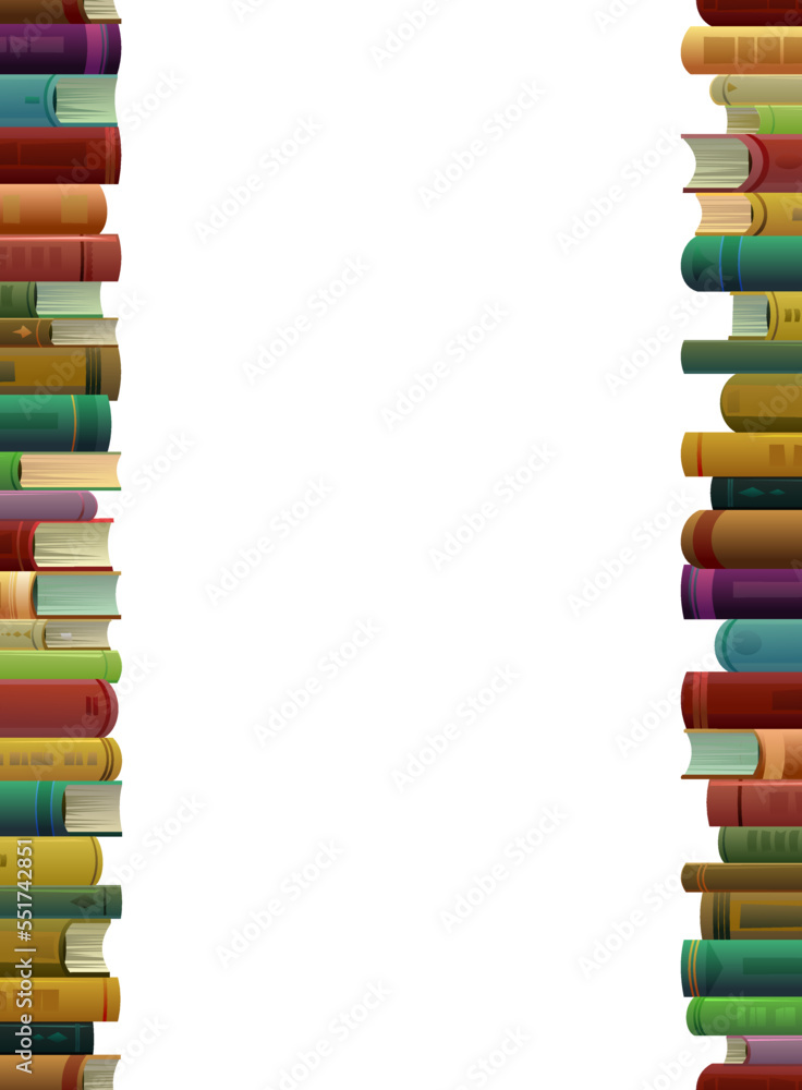 Big Stack of books seamless vertical frame. Cartoon style. Great