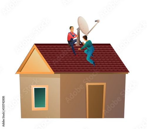Workers work on roof. Two workers install a satellite dish on the roof. Antenna for television and internet. Small house and two workers. Service illustration Isolated on white background. Vector.