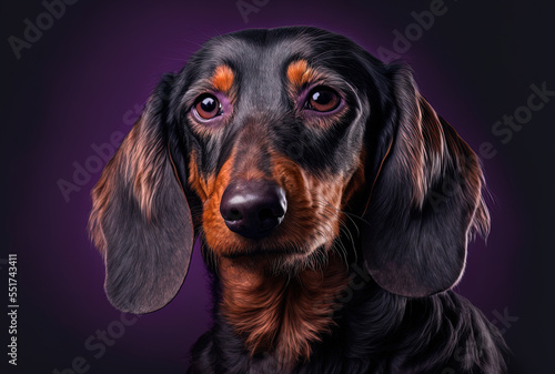 Serious Teckel dog portrait isolated on a purple backdrop. Generative AI