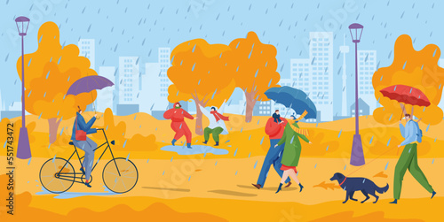 People character together walk in autumn city park rainy weather, resting lifestyle stroll orange tree garden flat vector illustration.