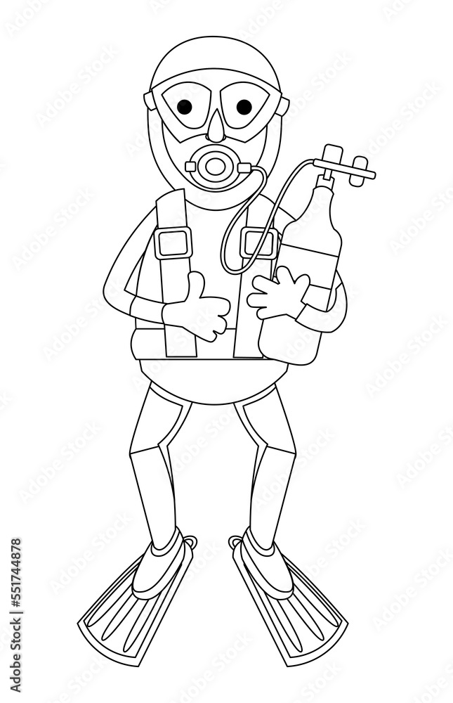 Cute diver with flippers and oxygen tank. Hobbies and sports. Character for postcards, books, posters. Black and white outline. Vector illustration. isolated icon for design. Cute diver with flippers and oxygen tank. Hobbies and sports. Character for postcards, books, posters. Black and white outline. Vector illustration. isolated icon for design.