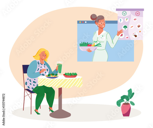 Woman eat healthy food, female character follow personal diet plan, online doctor nutritionist flat vector illustration, isolated on white.