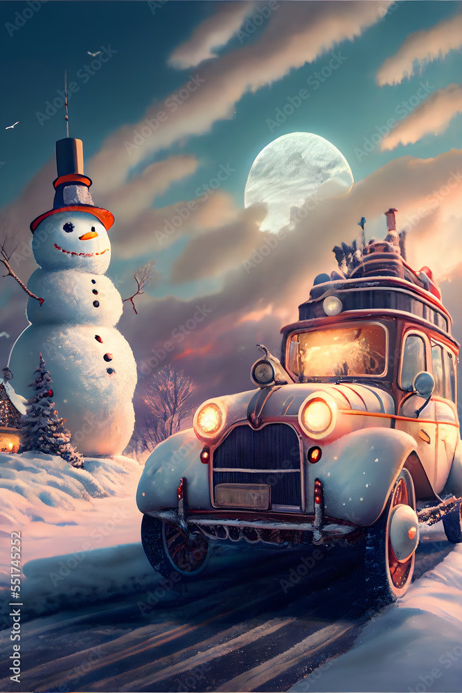Obraz premium snowman and a vintage car in the snow