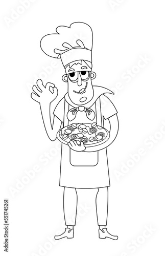 Cute pizzaiolo chef with pizza. Character for postcards, books, posters. Black and white outline. Vector illustration. isolated icon for design. 