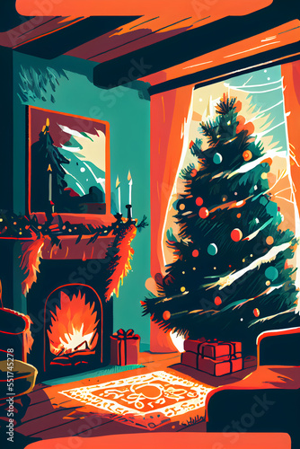 fireplace with christmas tree and gifts