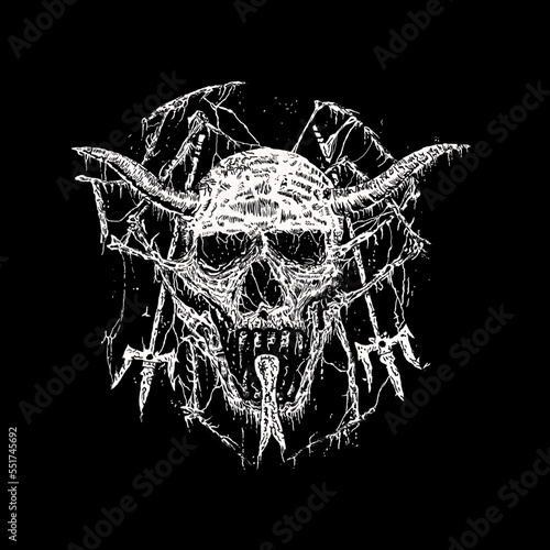 death metal illustration monster skull with horns in horror art style