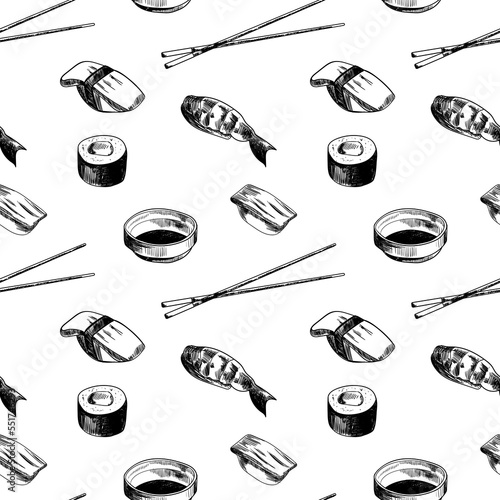Sketch drawing pattern with black and white sushi on white background. Japanese, asian food design for fashion , fabric, textile, wallpaper, cover. Vector illustration.